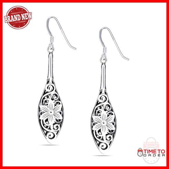 Sterling Silver Teardrop Dangle Earrings Lightweight Antique Filigree